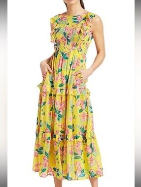 Banjanan Yellow Pink Floral Midi Dress S